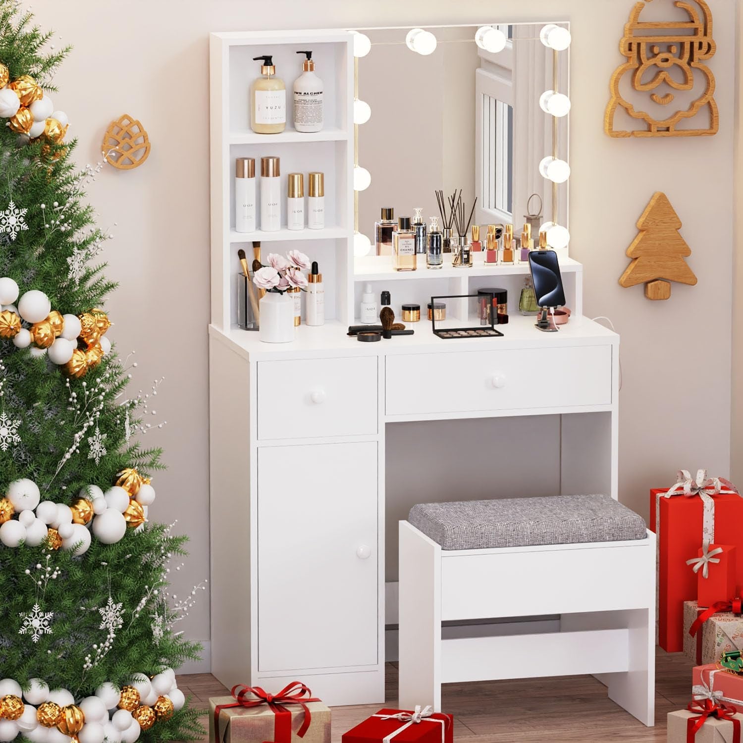 Vanity Desk with Mirror and Lights & Power Outlet, 31.5" Small Makeup Vanity Table with 4 Drawers and Stool for Bedroom, White