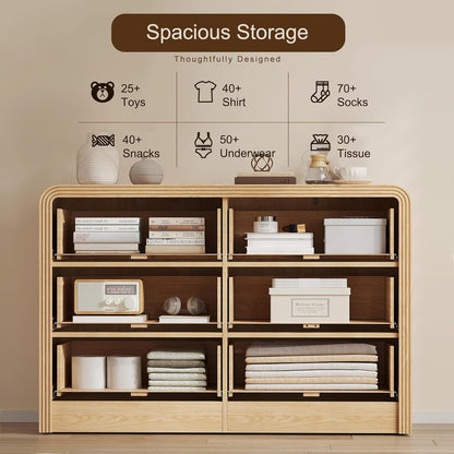 Fluted Drawers Dresser for Bedroom, Wood Dressers with Gold Handles, Modern Dressers with Wave Texture, Large Storage Chest of Drawers, Bedroom Dresser Organizer 47'' & 6 Drawers (Natural Oak)