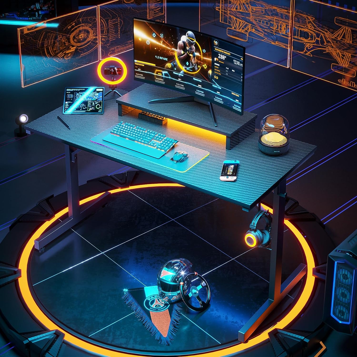 42 Inch Gaming Desk with LED Lights, Small Computer Gaming Table with Monitor Shelf, Gamer Desk with Headphone Hook, Kids Boys Computer Table with Black Carbon Fiber Texture