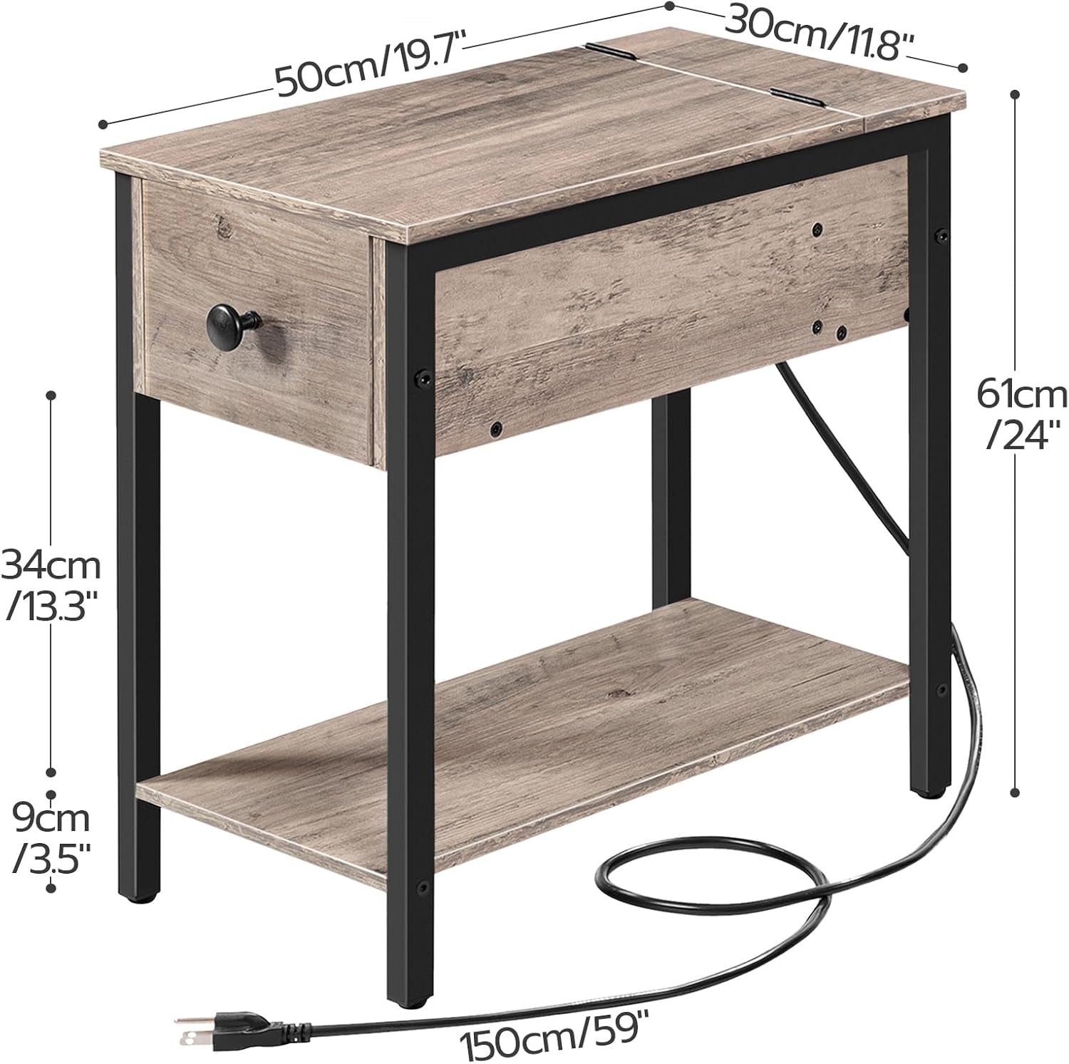 End Table with Charging Station, Narrow Side Table, Small Nightstand, Bedside Tables with Drawer and Storage Shelves, for Small Spaces, Living Room, Bedroom, Greige and Black BG041BZ01G1