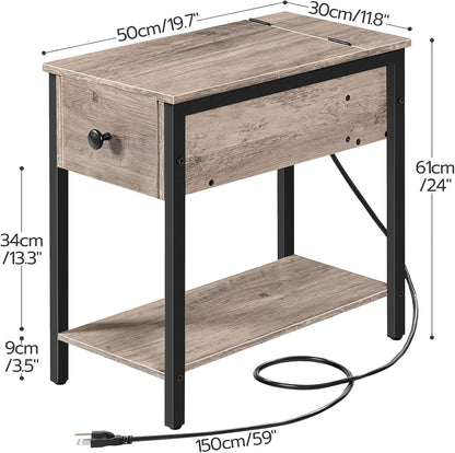 End Table with Charging Station, Narrow Side Table, Small Nightstand, Bedside Tables with Drawer and Storage Shelves, for Small Spaces, Living Room, Bedroom, Greige and Black BG041BZ01G1