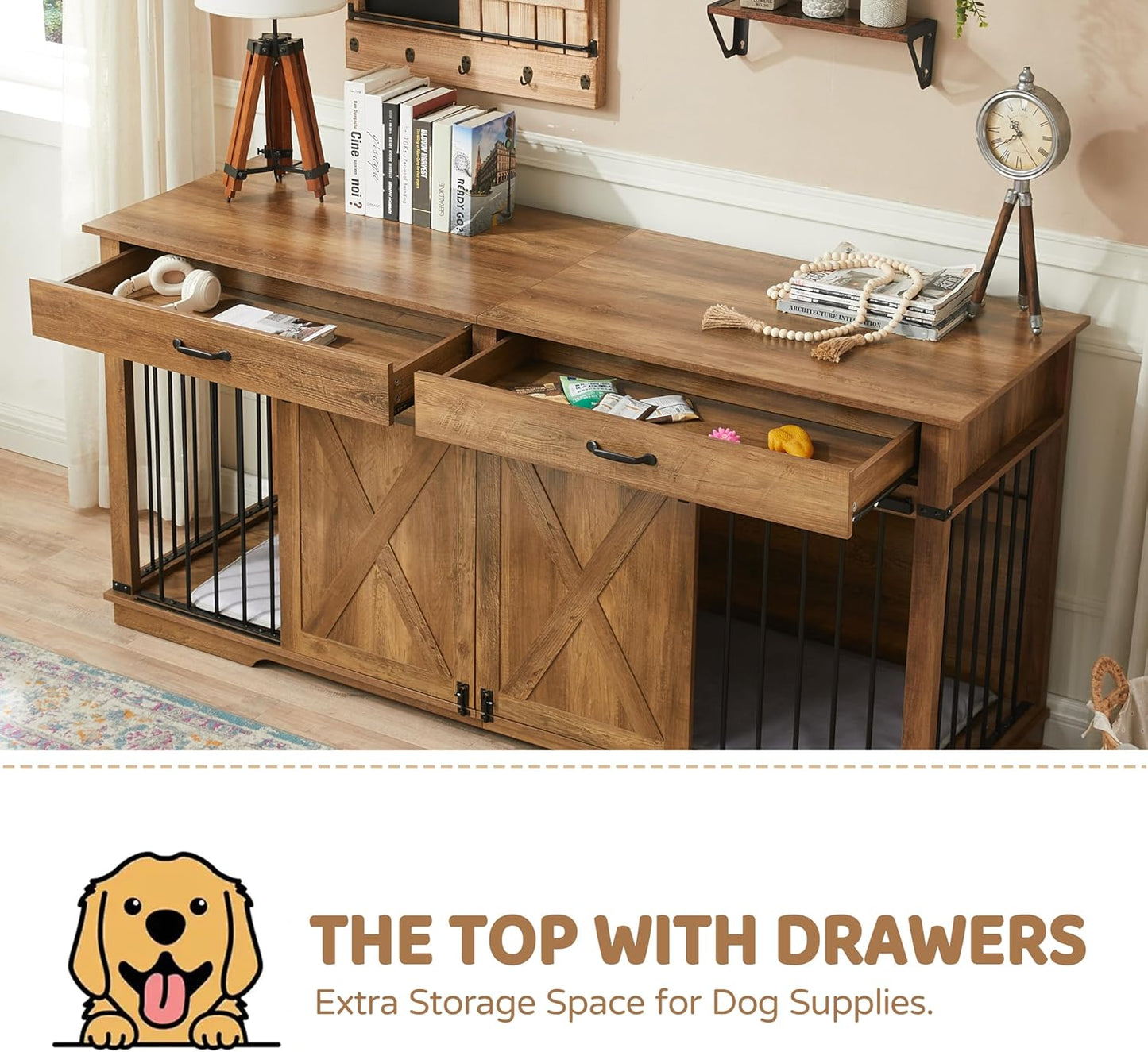 72.5" Extra Large Furniture Style Double Dog Crates for Large Breeds, XXL Wooden Dog Kennel Furniture with Drawers, Divider, Water Resistant & Barn Door for 2 Dogs, White