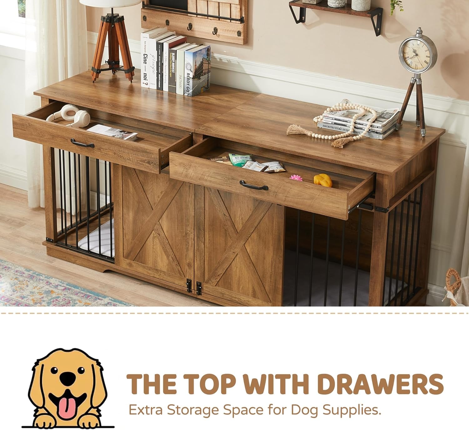 72.5" Extra Large Furniture Style Double Dog Crates for Large Breeds, XXL Wooden Dog Kennel Furniture with Drawers, Divider, Water Resistant & Barn Door for 2 Dogs, White