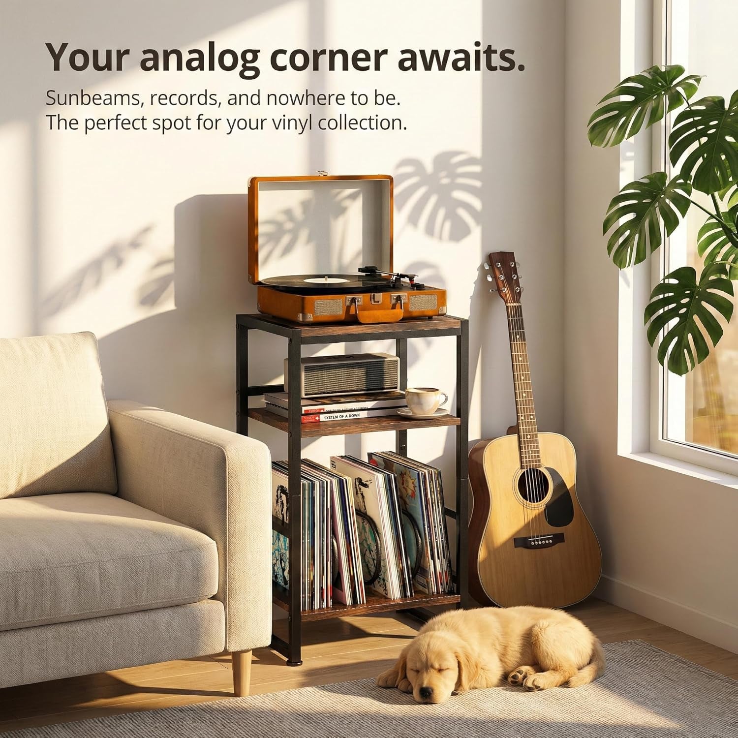 Record Player Stand,3-Tier Record Player Table with U-Shaped Vinyl Storage up to 120 Albums,28" H End Table Turntable Stand with Storage,Record Table Vinyl for Living Room Bedroom