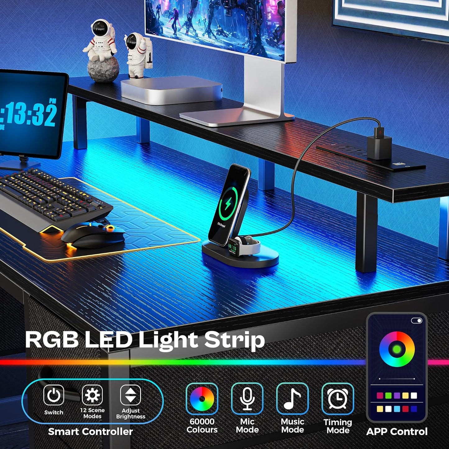 47 Inch Computer Desk with 4 Drawers, Gaming Desk with LED Lights & Power Outlets, Home Office Desk with Large Storage Space for Bedroom, Work from Home, Black