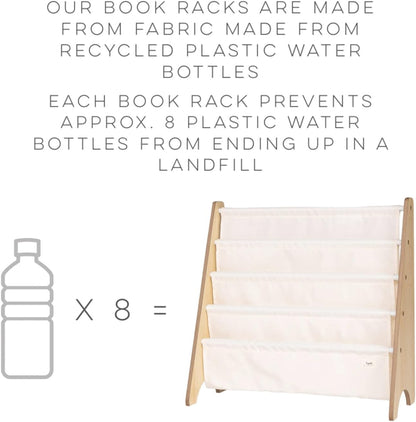 Recycled Fabric Kids Bookshelf – 4-Tier Sling Book Rack Organizer - Nursery Room Playroom Classroom Wooden Book Shelves - Kid Bookcase Wood Storage Shelf for Toddler Age 3+ - Terrazzo Cream
