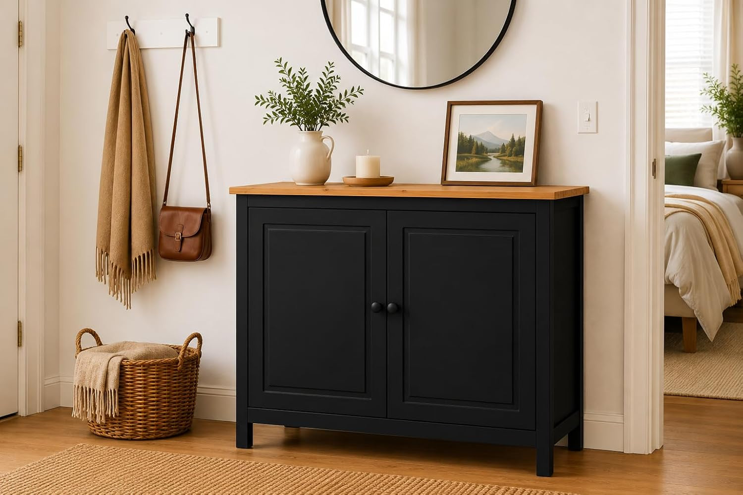 44" Wide Black & Pine Top Solid Pine Shaker Sideboard Buffet Cabinet — 2 Doors Adjustable Shef — No Drawer · Anti-Tip Included — Two-Tone Modern Finish