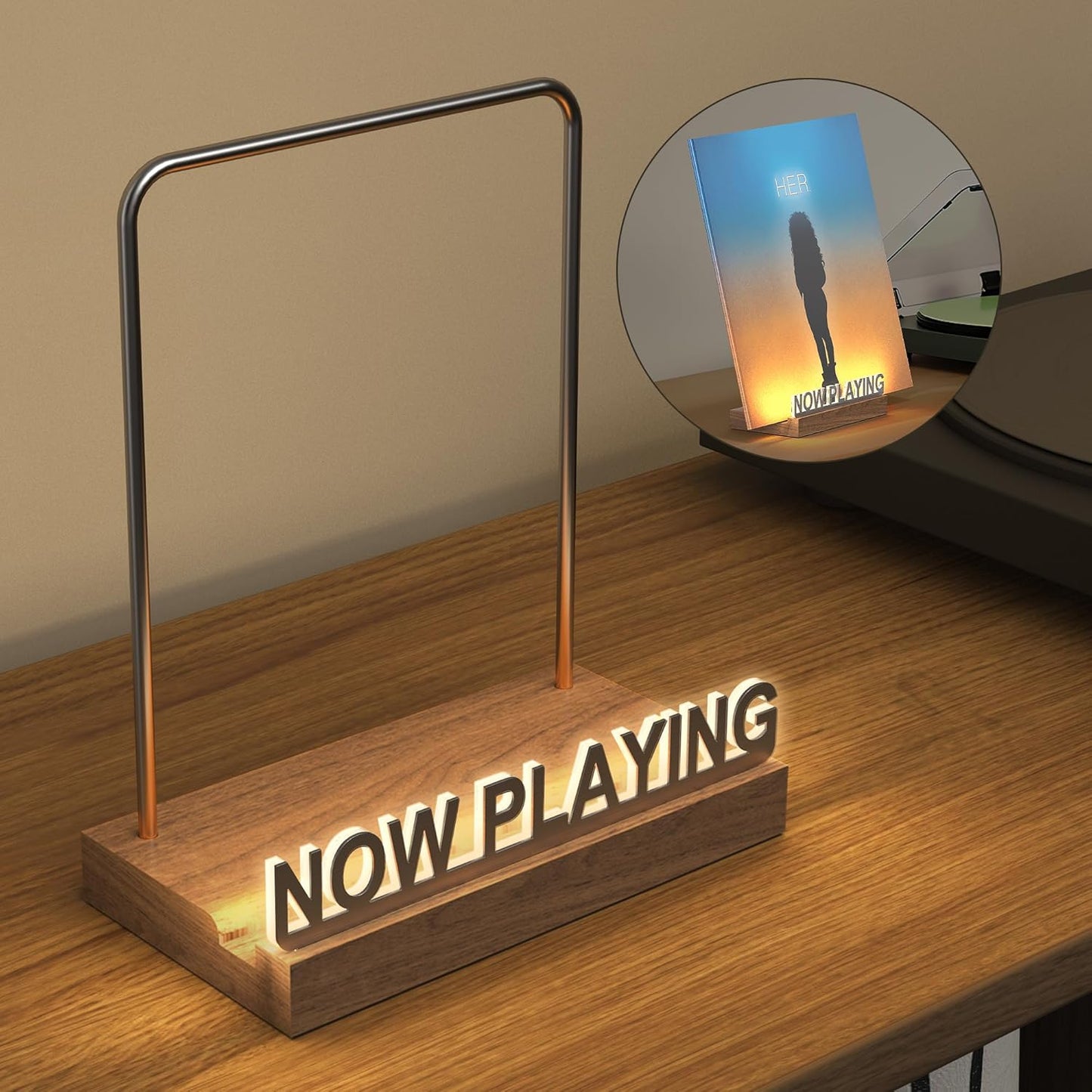 Now Playing Vinyl Record Stand, Light up Vinyl Record Display Stand, Holder for Album Display Storage, Warm White Light with Fingerprint-Proof Acrylic Letters (Silver Letters)