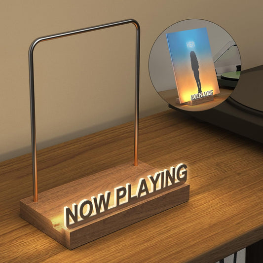 Now Playing Vinyl Record Stand, Light up Vinyl Record Display Stand, Holder for Album Display Storage, Warm White Light with Fingerprint-Proof Acrylic Letters (Silver Letters)