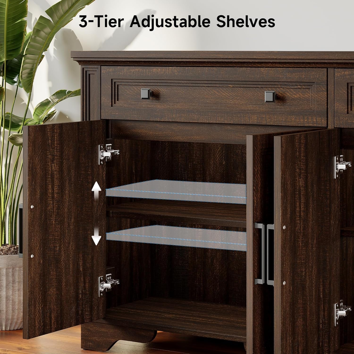 63" Sideboard Buffet Cabinet, Kitchen Buffet Storage Cabinet, Large Credenza with Drawers & Doors, Wood Coffee Bar Console Wine Bar for Living Room Hallway Brown