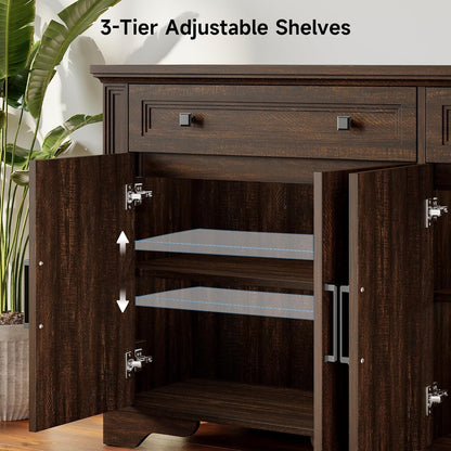 63" Sideboard Buffet Cabinet, Kitchen Buffet Storage Cabinet, Large Credenza with Drawers & Doors, Wood Coffee Bar Console Wine Bar for Living Room Hallway Brown