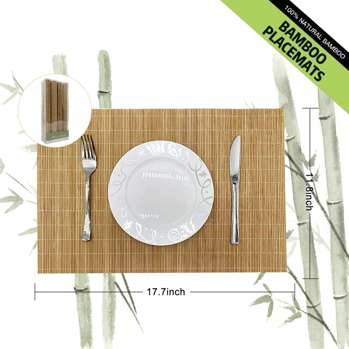 Set of 8 Pcs Bamboo Placemats Sushi Rolling Mat Japanese Style Natural Anti-Slip, Washable Heat-Resistant Table Mats for Dining Room and Kitchen（Brown）