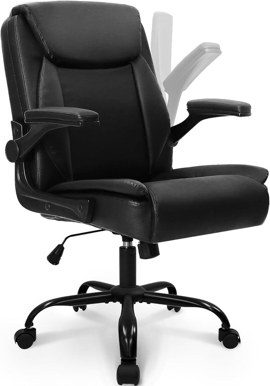 Office Desk Computer Chair Ergonomic Executive Mid-Back Leather Gaming Chair with Adjustable Flip-Up Armrests Wheels Swivel for Home Study Task (Jet Black)