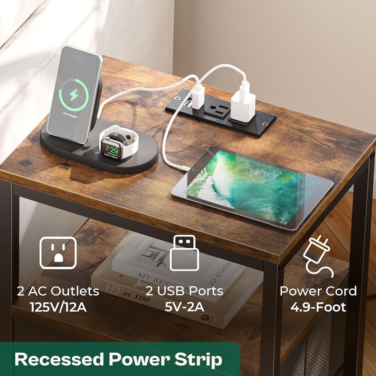 Nightstand with Charging Station, Side Table with Fabric Drawers, End Table with Open Shelf, Bedside Table with USB Ports and Outlets, Night Stand for Bedroom, Rustic Brown and Black
