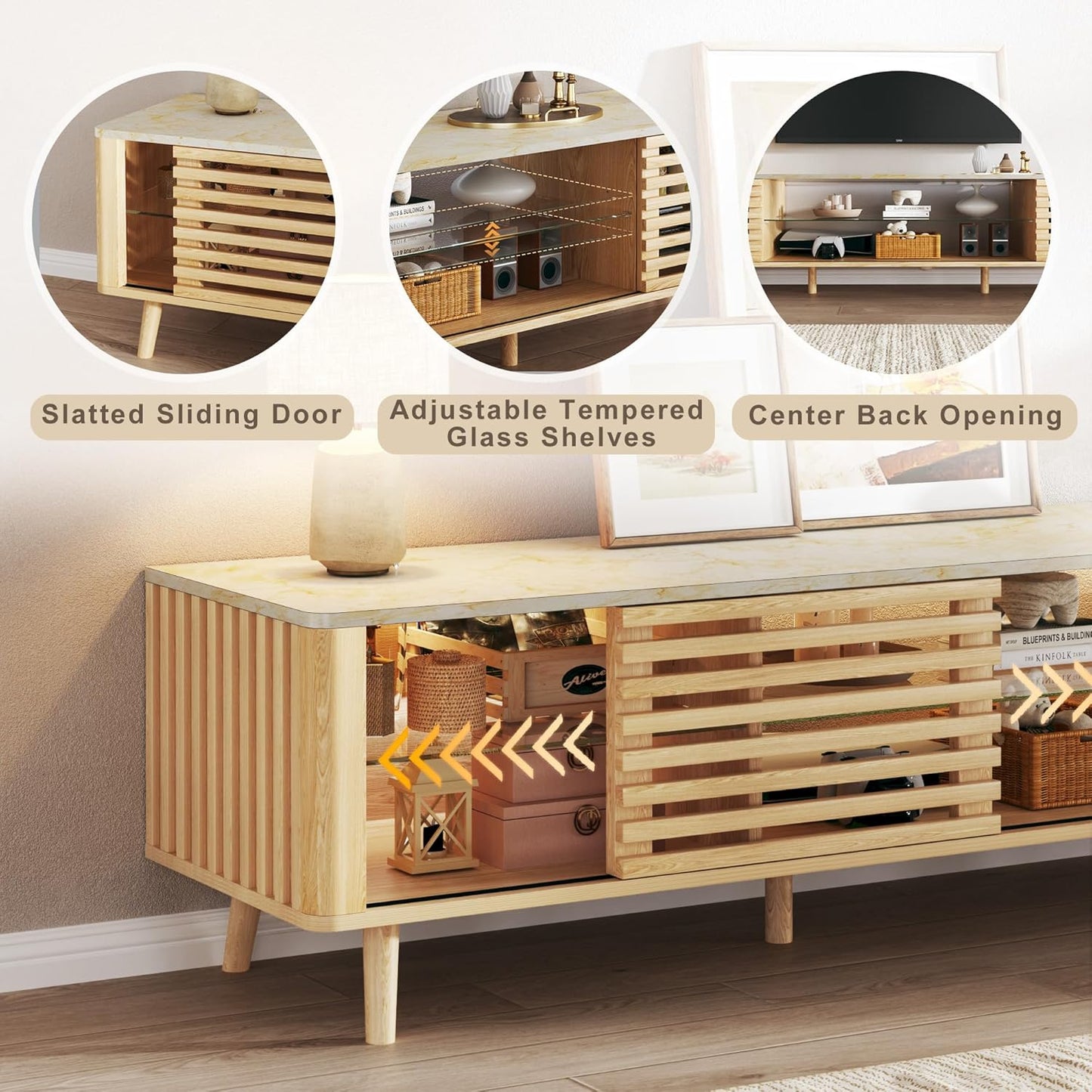 70" TV Stand for 55/65/75 Inch TV, Faux Marble Top Entertainment Center with Slatied Sliding Door & LED Lights, Mid Century Modern Style, Low TV Console with Glass Shelves for Bedroom