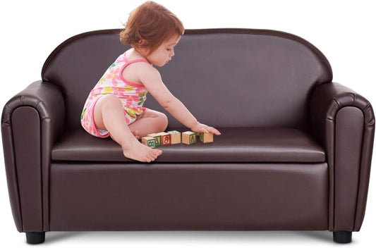 Kids Couch, 2 in 1 Double Seat Children'S Sofa W/Under Seat Storage, PU Leather Surface, Toddler Armrest Chair, Kids Room, Soft Sofa with Storage for Preschool Baby Boys Girls Gifts