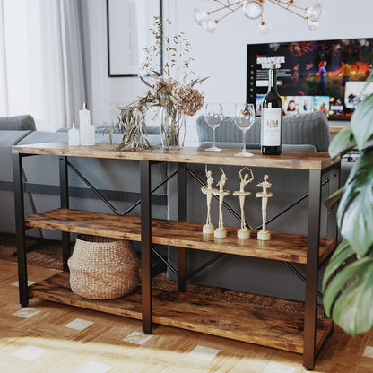 Rustic Entryway Console Table, Long Hallway Table 55 in 3-Tier, TV Stand Entertainment Center Media Stand for Living Room, Industrial Style, Vintage Brown | Rustic, Long, Living Room