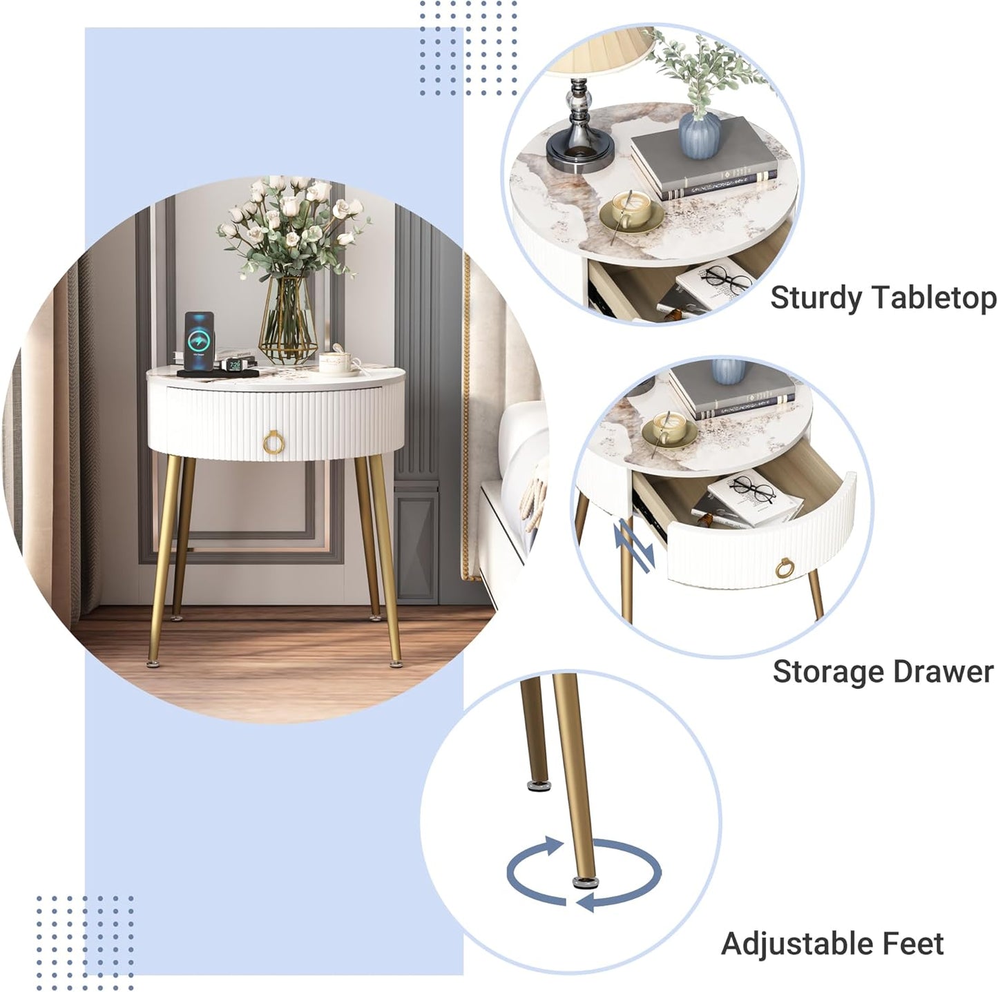 round Nightstand with Drawer, Modern Side Table with Marbling Natural Stone Tabletop and Metal Legs, Small End Table with Storage for Living Room and Bedroom, Gold