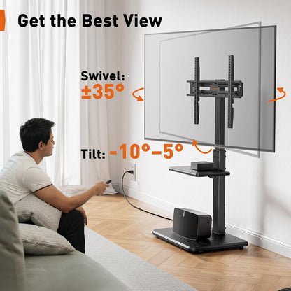 Floor TV Stand with Power Outlet, Universal TV Stand for 32-75 Inch Tvs up to 110 Lbs, Height Adjustable Standing TV Mount, Tall TV Mount with Wood Base, Max VESA 600X400Mm, PGFS06