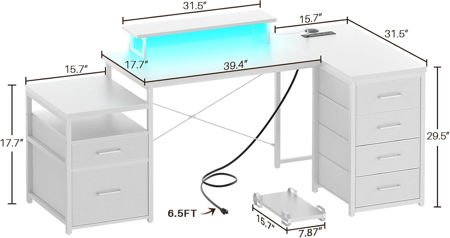 70.8" Reversible L Shaped Computer Desk with Fabric File Drawers, Corner Desks with RGB LED Light & Power Outlets & Monitor Stand, Large Gaming Desk for Home Office Workstation, White
