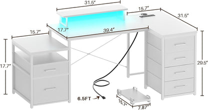 70.8" Reversible L Shaped Computer Desk with Fabric File Drawers, Corner Desks with RGB LED Light & Power Outlets & Monitor Stand, Large Gaming Desk for Home Office Workstation, White