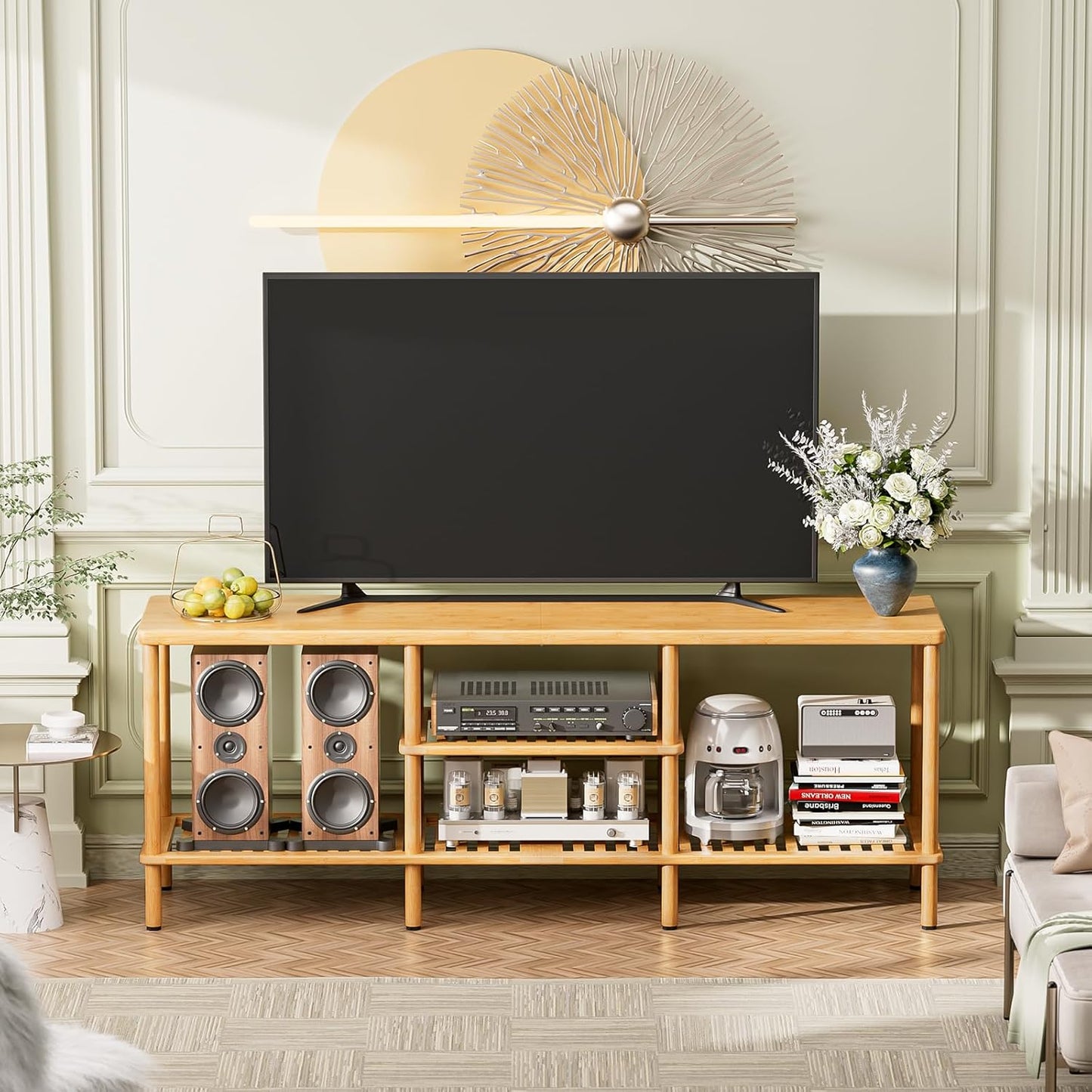 Bamboo TV Stand for 60 65 Inch TV, Entertainment Center with 3 Tier Open Storage Shelf, Wood TV Table for Living Room, Bedroom