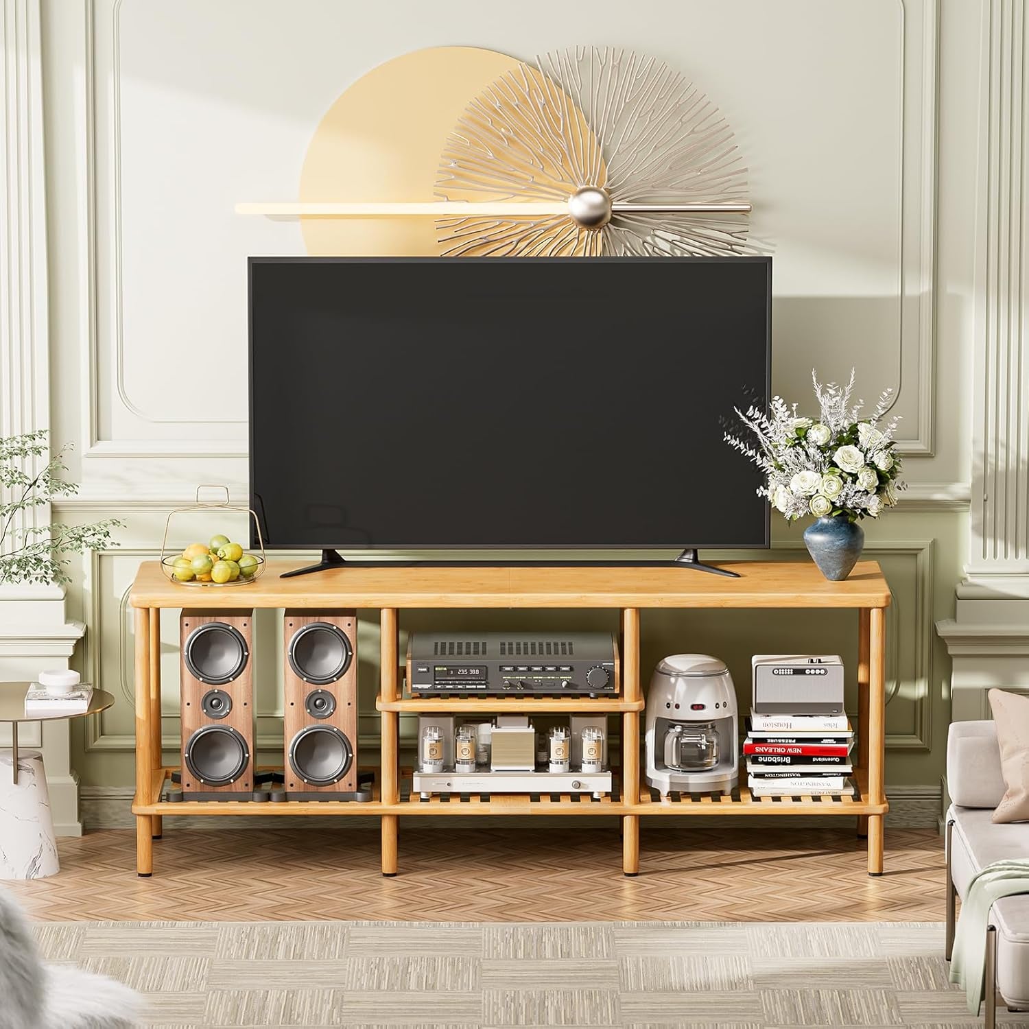 Bamboo TV Stand for 60 65 Inch TV, Entertainment Center with 3 Tier Open Storage Shelf, Wood TV Table for Living Room, Bedroom