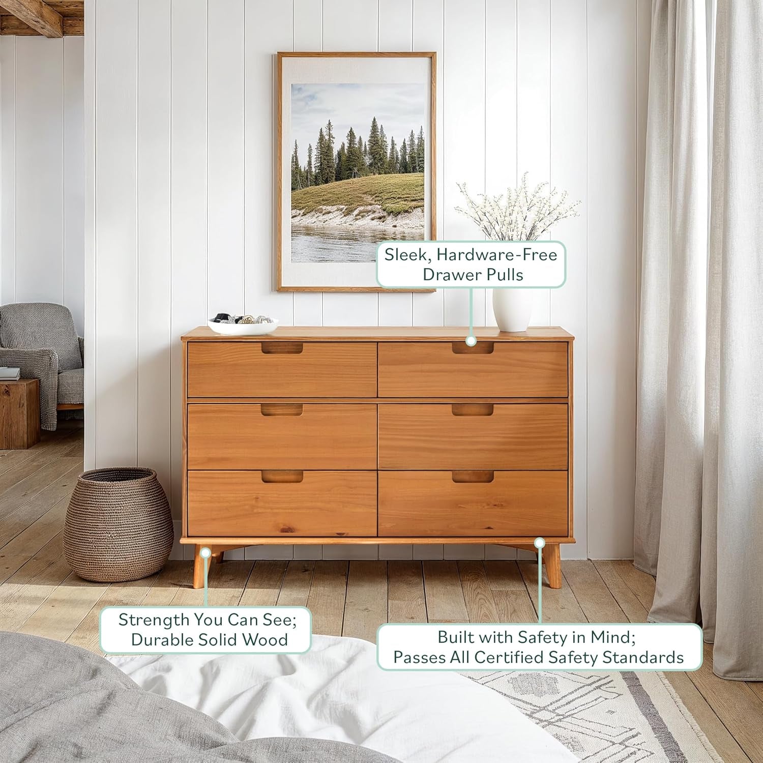 Sloane 6-Drawer Groove Handle Solid Wood Dresser, 52 Inch, Caramel