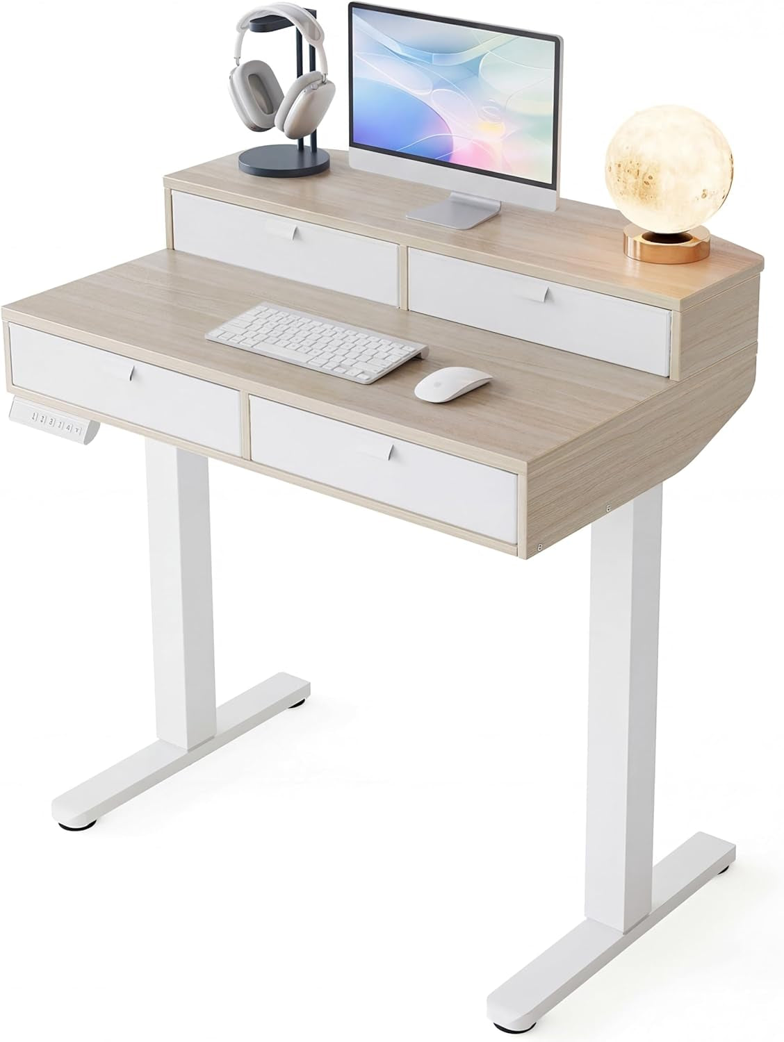 32 X 20 Inch Electric Standing Desk with 4 Drawers, Adjustable Height Sit Stand Home Office Desk, C-Clamp Mount Compatible, Ergonomic Stand up Desk with 4 Preset Heights, Natural