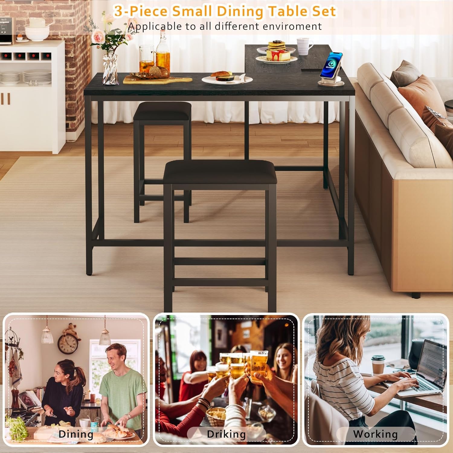 Bar Table and Chairs Set for 2-4, 63'' Convertible L-Shaped Kitchen Table with Power Outlets, 3 Piece Counter Height Small Dining Table with 2 Stools, Space Saving, Breakfast Nook Corner, Black