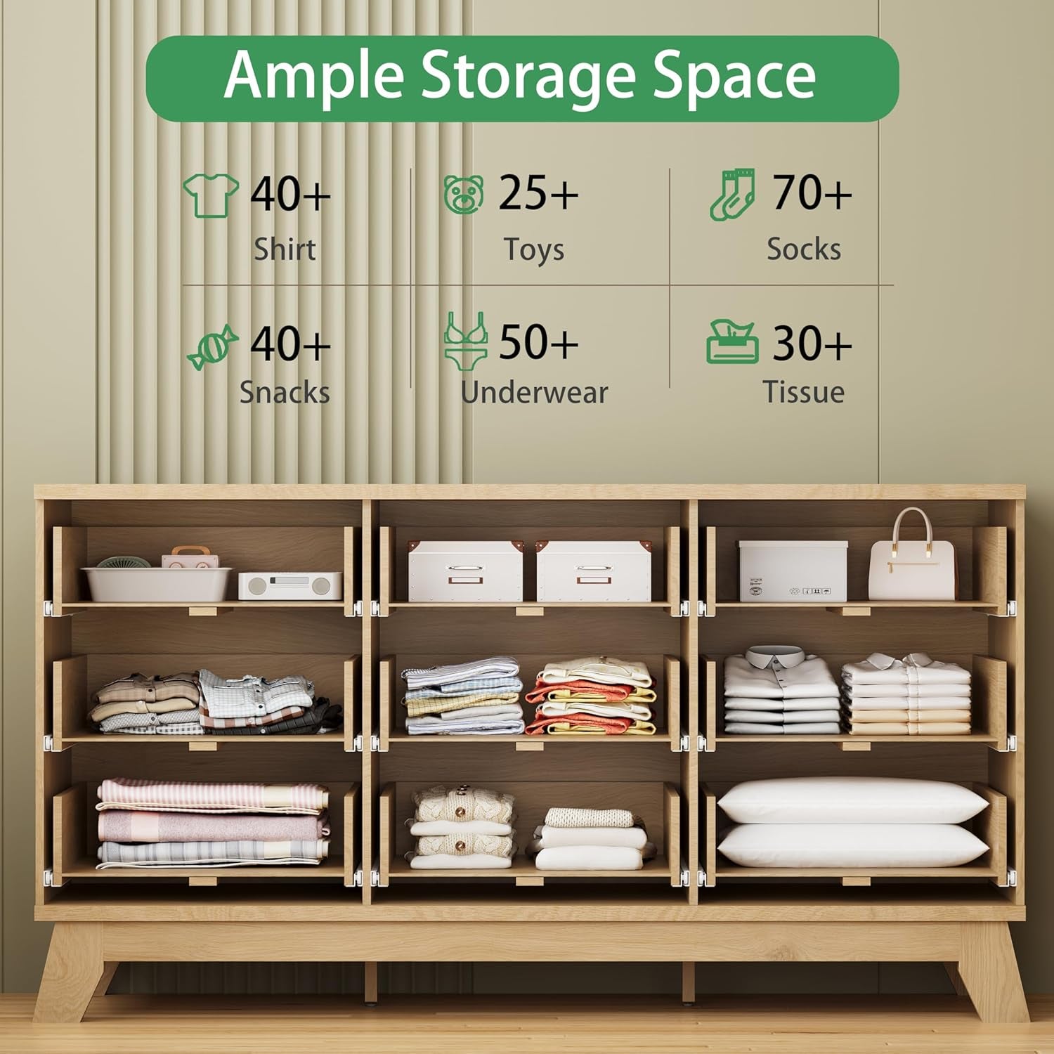 Fluted Dresser for Bedroom with 9 Drawers, 57" Wide Modern Chest of Drawers with Metal Handle, Wooden Dresser TV Stand, Wood Closet Clothes Storage Organizer for Living Room, Hallway, Natural Oak