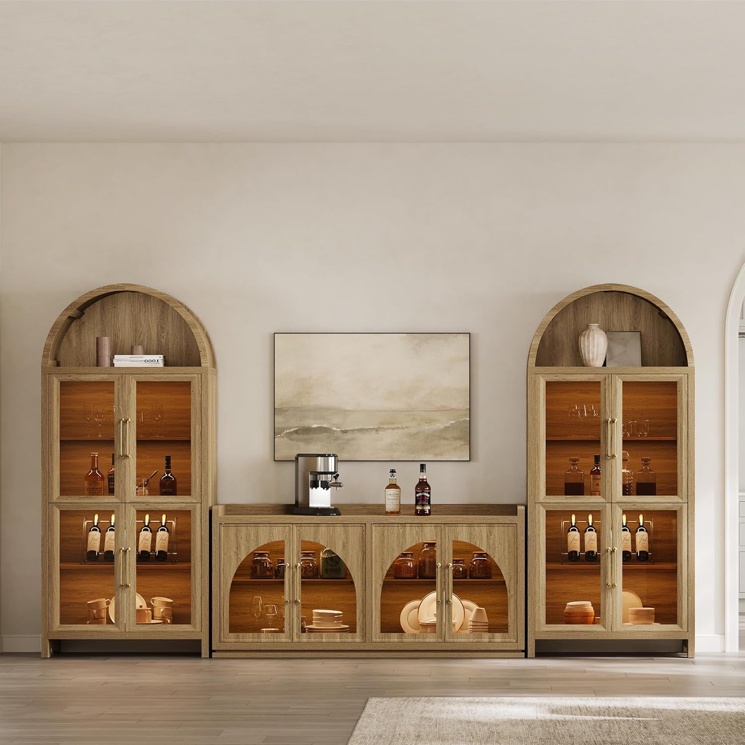 74" Display Cabinet with Glass Doors - Modern 5-Tier Arched Bookcase with Rechargeable 3-Color LED Lights & Motion Sensor, Large Pantry Cabinet for Kitchen, Living Room, Home Office, Brown Oak