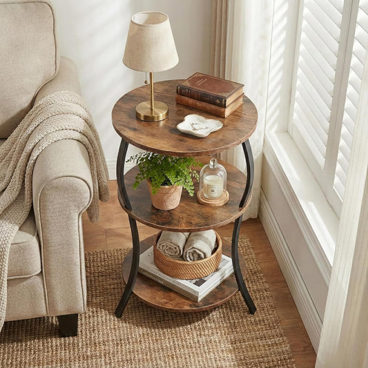Round Side Table, 3-Tier End Table with Storage Shelf for Narrow and Small Spaces, round Sofa Table Vintage Corner Tables for Living Room,Bedroom Nightstand/Rustic Brown