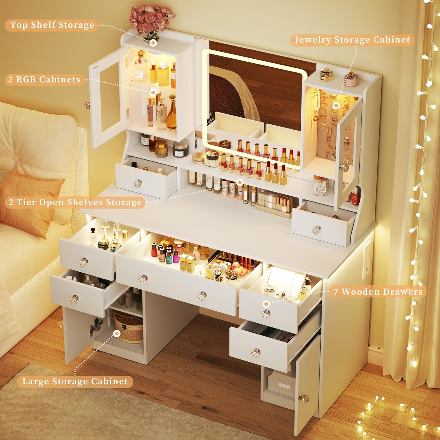 Vanity Desk with Mirror & Lights, 42‘’ Large Makeup Vanity with 2 RGB Jewelry Cabinets & 7 Drawers, White Vanity Table Set with Charging Station, Dressing Table with Lights Desk, 3 Light Modes