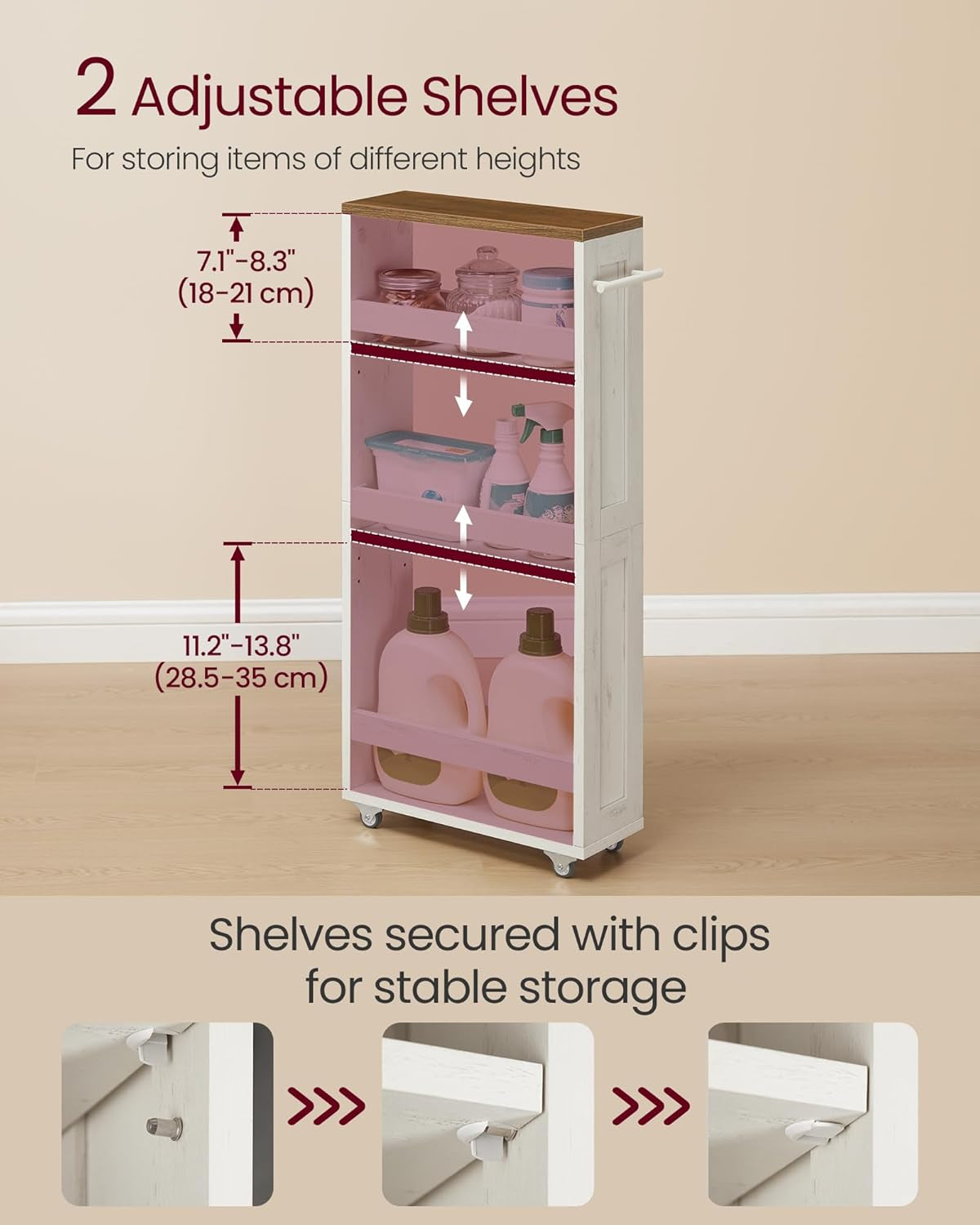 4-Tier Slide-Out Storage Cart, Slim Kitchen Cart for Small Spaces, with Wheels, Handle, Bathroom, Laundry Room, 5.9 X 17 X 34.1 Inches, Rustic White and Honey Brown ULRC050K01