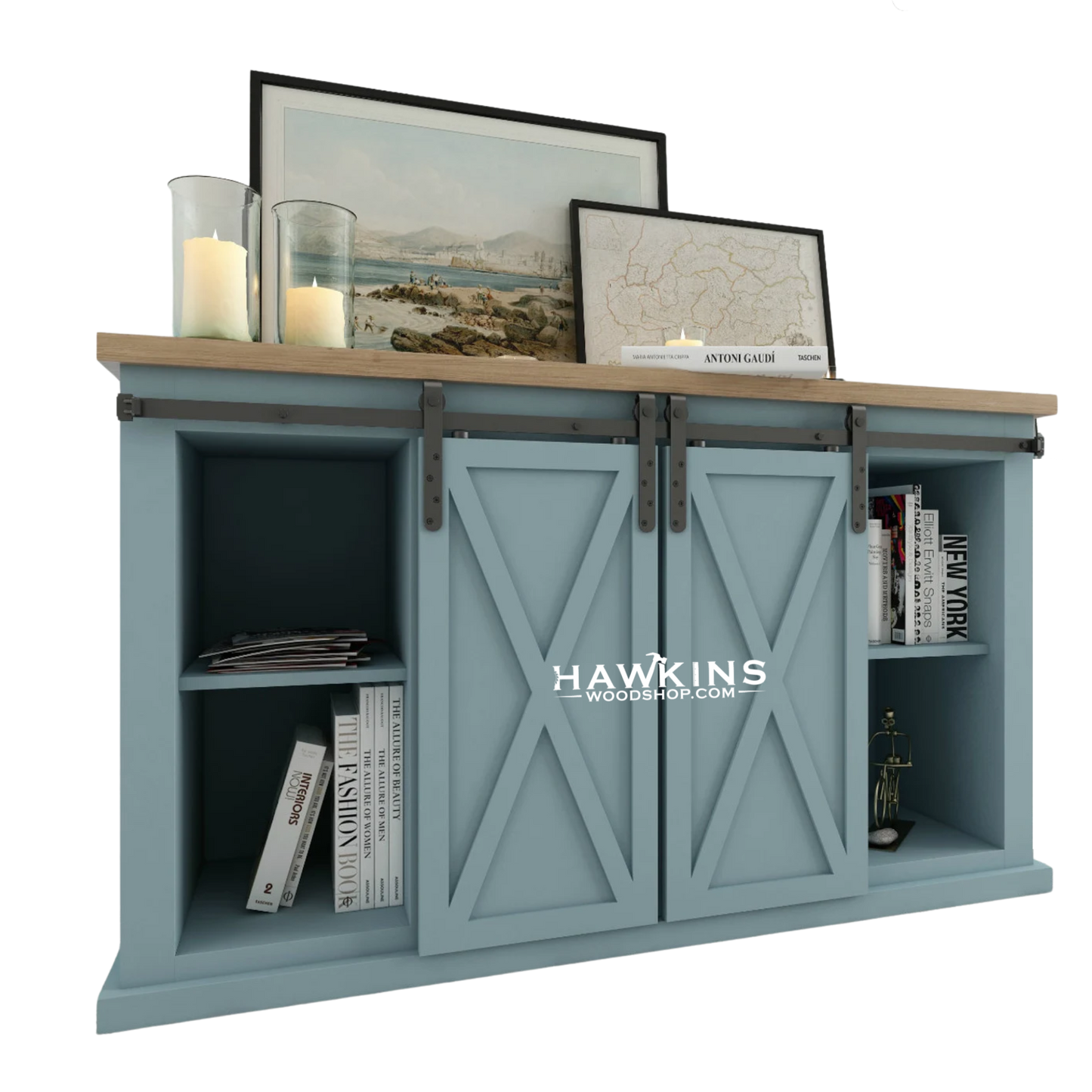 Sliding Barn Door TV Console, handcrafted solid wood media cabinet made in USA by Hawkins Woodshop