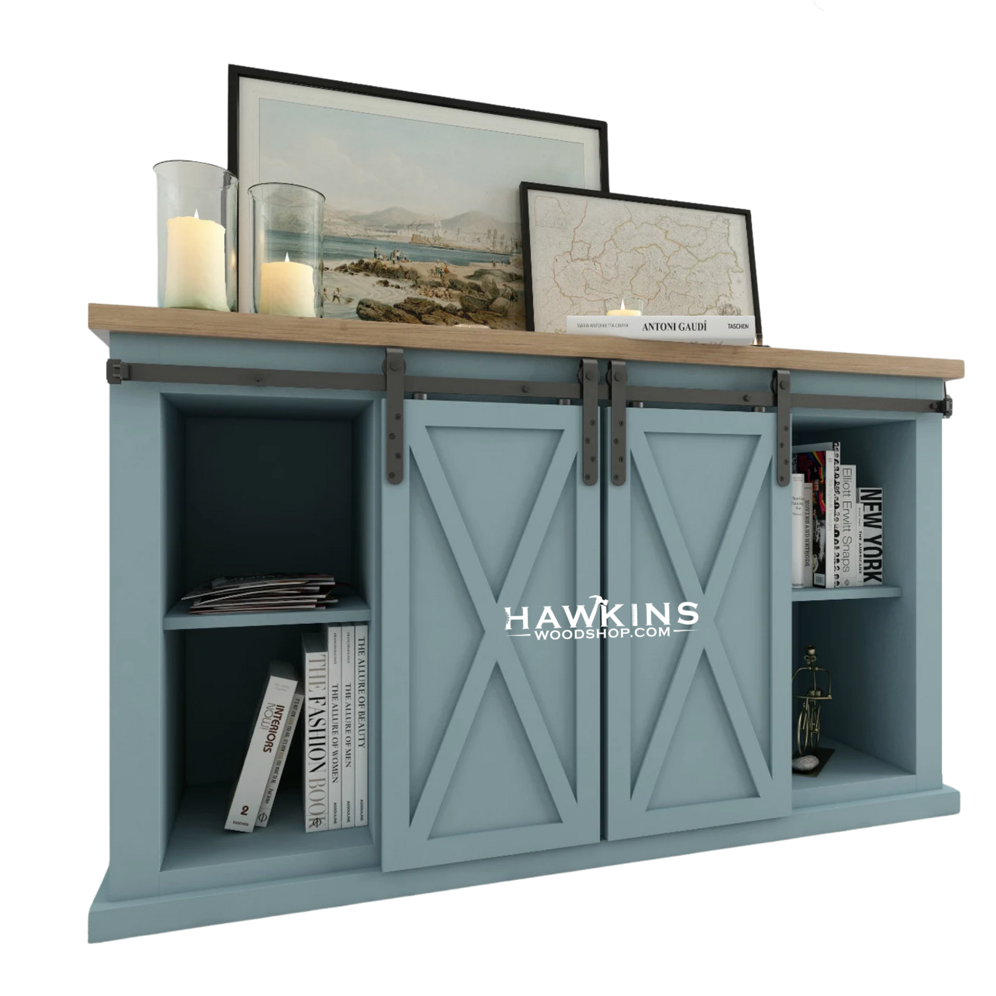 Sliding Barn Door TV Console, handcrafted solid wood media cabinet made in USA by Hawkins Woodshop