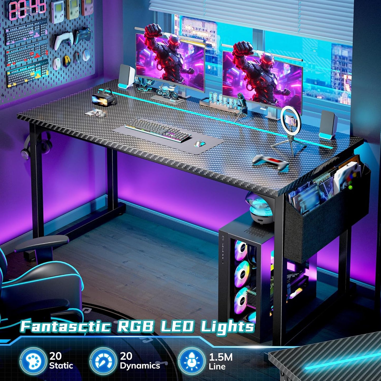 55 Inch Computer Desk with LED Lights, Gaming Desk with Storage Bag for Home Office, Simple Office Desk with Headphone Hook for Study Writing Work Desk,Sturdy Metal Frame,Black