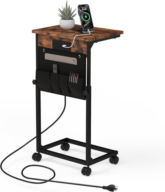 Adjustable Height Couch Table with USB-C Charging Station & Pocket Storage – Compact Couch Stand with Hooks & Wheels for Small Spaces & Living Room, Adjustable C Table