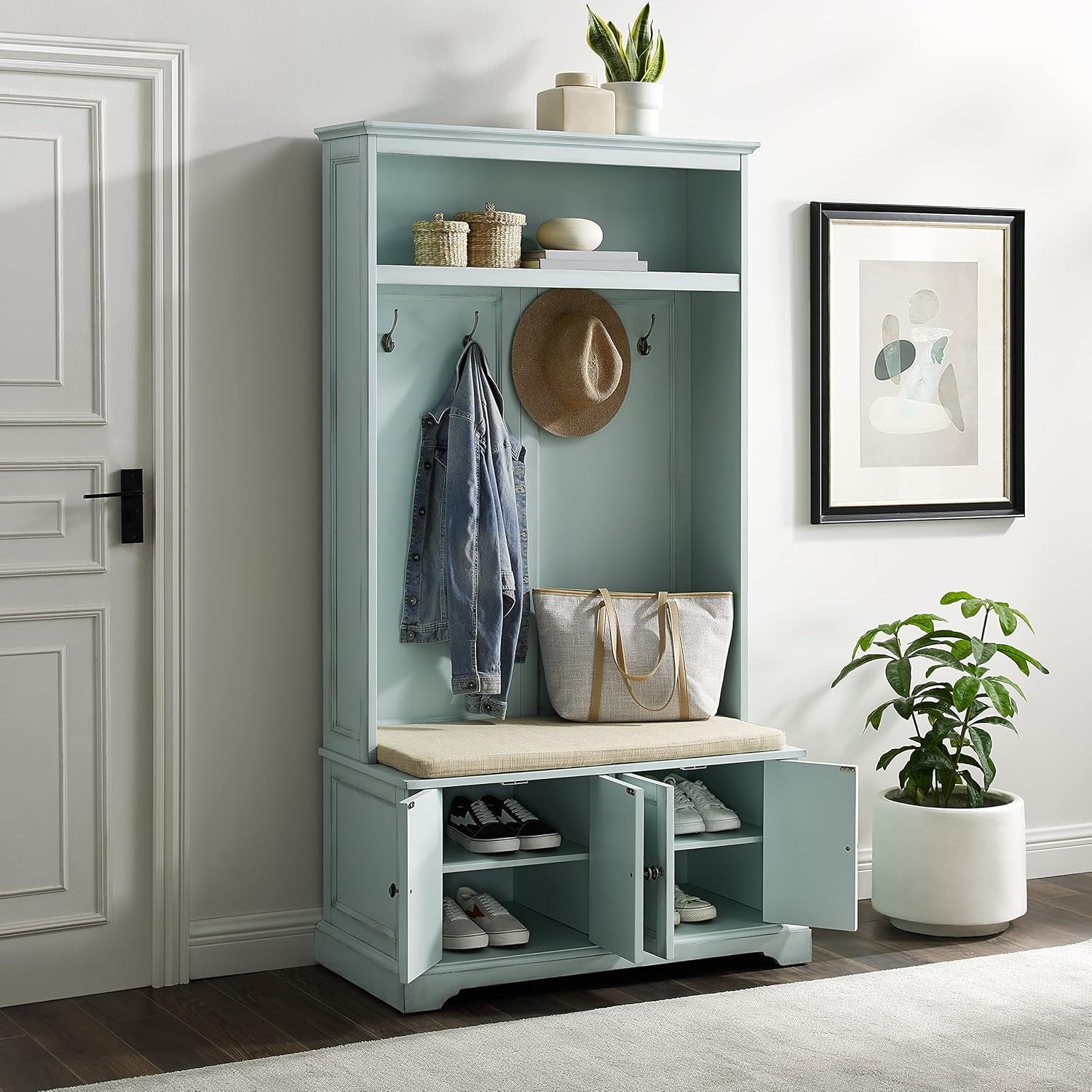 Holbrook Hall Tree with Shoe Rack Bench and Coat Hooks for Hanging Storage, Distressed Seafoam Blue
