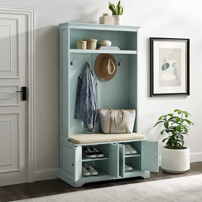 Holbrook Hall Tree with Shoe Rack Bench and Coat Hooks for Hanging Storage, Distressed Seafoam Blue