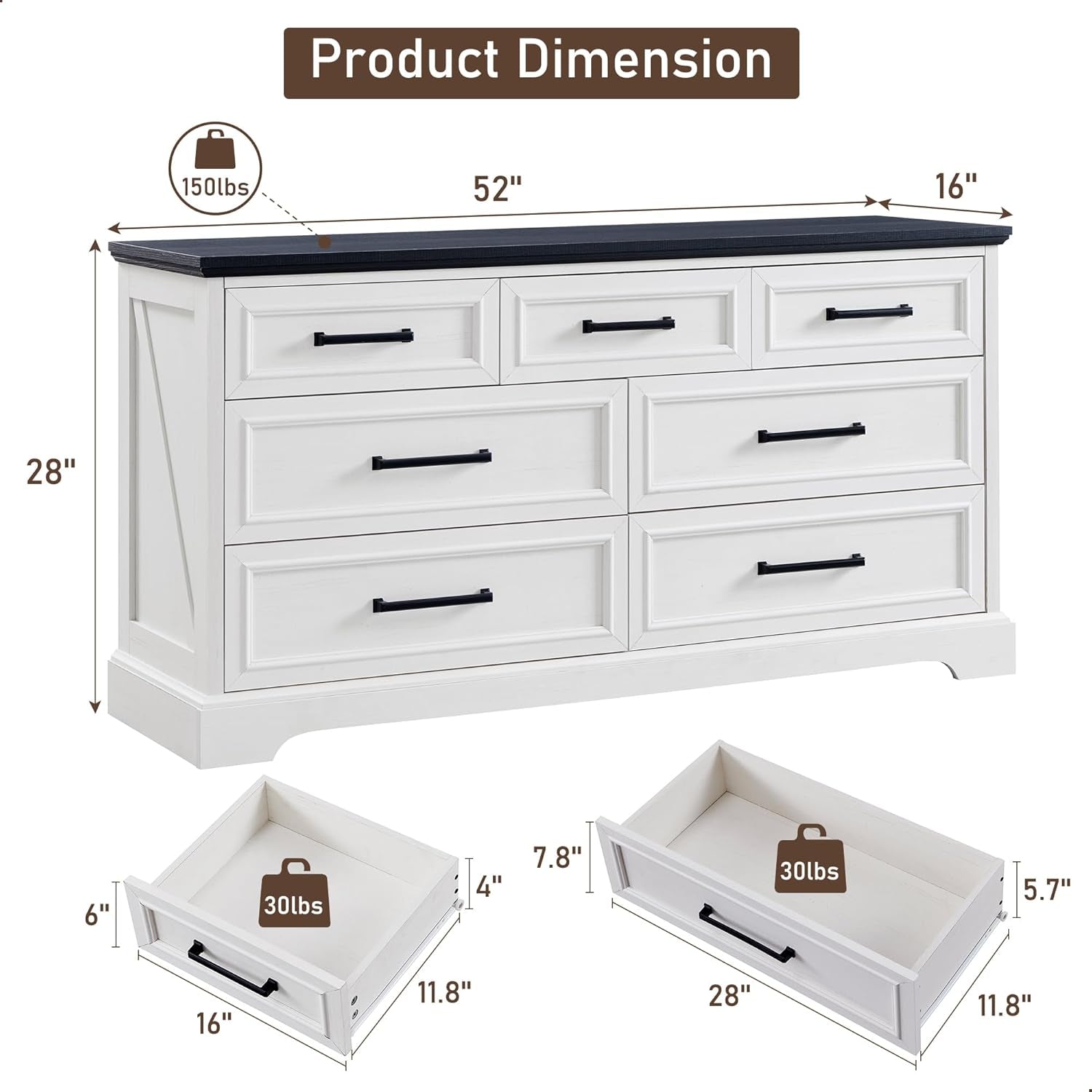 7 Drawer Dresser, Farmhouse Chest of Drawers for Bedroom, 52" Wide Dresser TV Stand with Large Metal Handles, Wood Drawer Organizer for Living Room, Hallway - off White