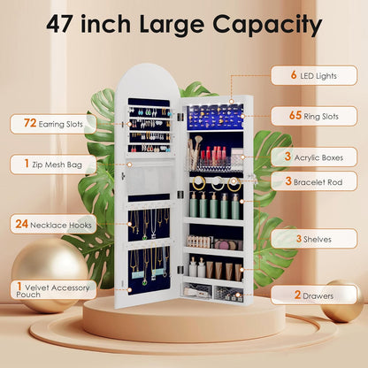 Tall Wall Mount Jewelry Armoire with Full-Length Mirror & 6 Leds - 47 in Lockable Arched Cabinet, 2 Drawers, Perfect for Christmas Gifts, Pure White