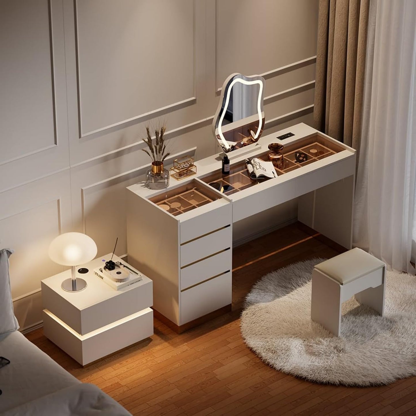 Vanity Desk Set with LED Mirror, Makeup Vanity with Power Outlet and Tempered Glass Top, Makeup Table with 6 Drawers, 3 Lighting Modes Vanity Table with Chair for Bedroom (White)