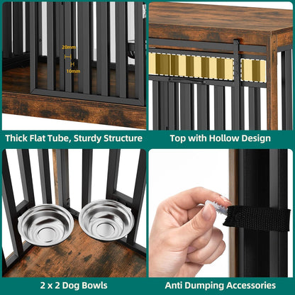 55 Inch Large Dog Crate Furniture, Heavy Duty Wooden Dog Crate TV Stand with 2 Dog Bowls, Metal Dog Kennel Indoor Furniture Sliding Barn Door Design for Extra Large Dogs, Black Oak
