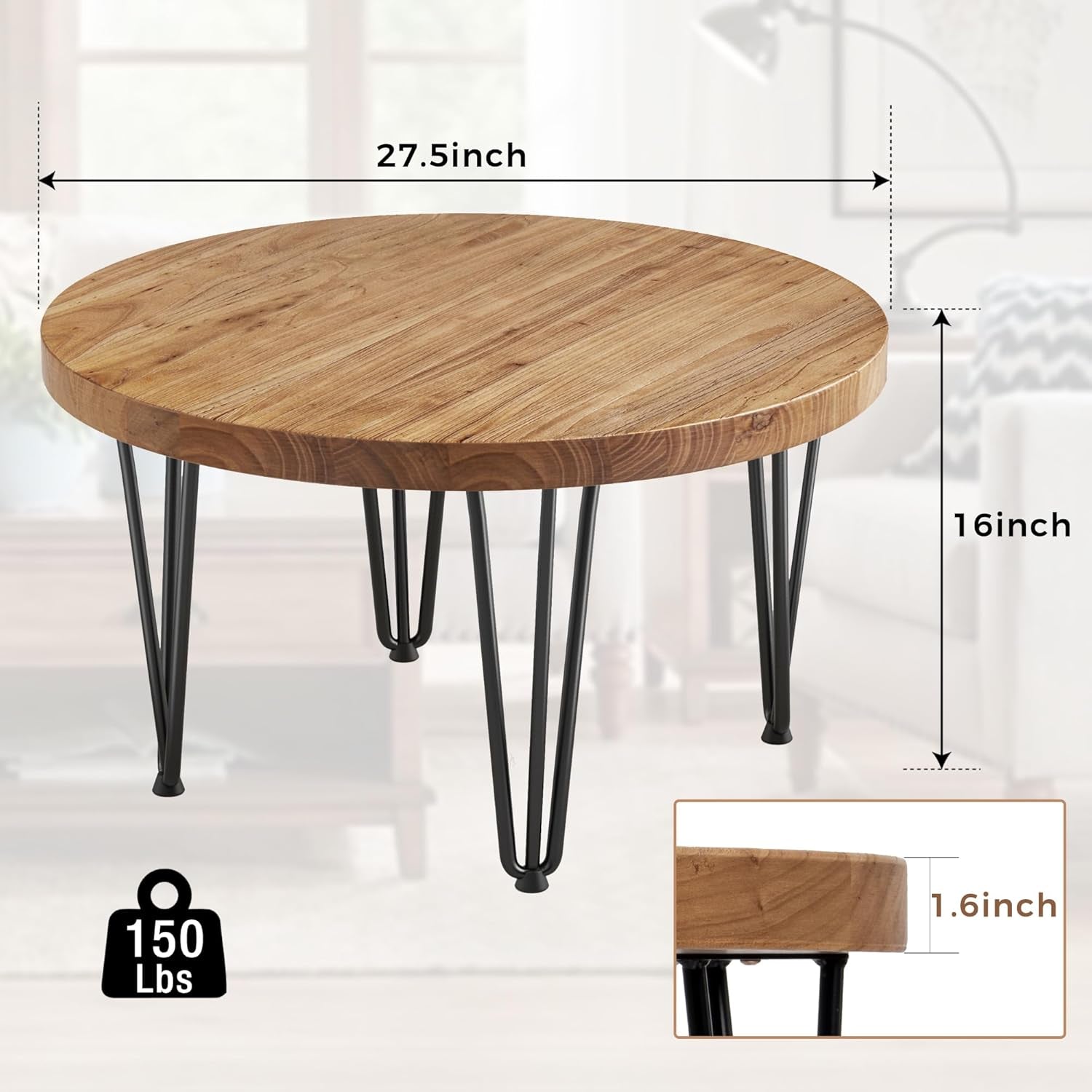 Rustic Wood round Coffee Table with Metal Legs, Solid Elm Wood Top and Non-Slip Feet Pads - Farmhouse Style for Living Room, Natural