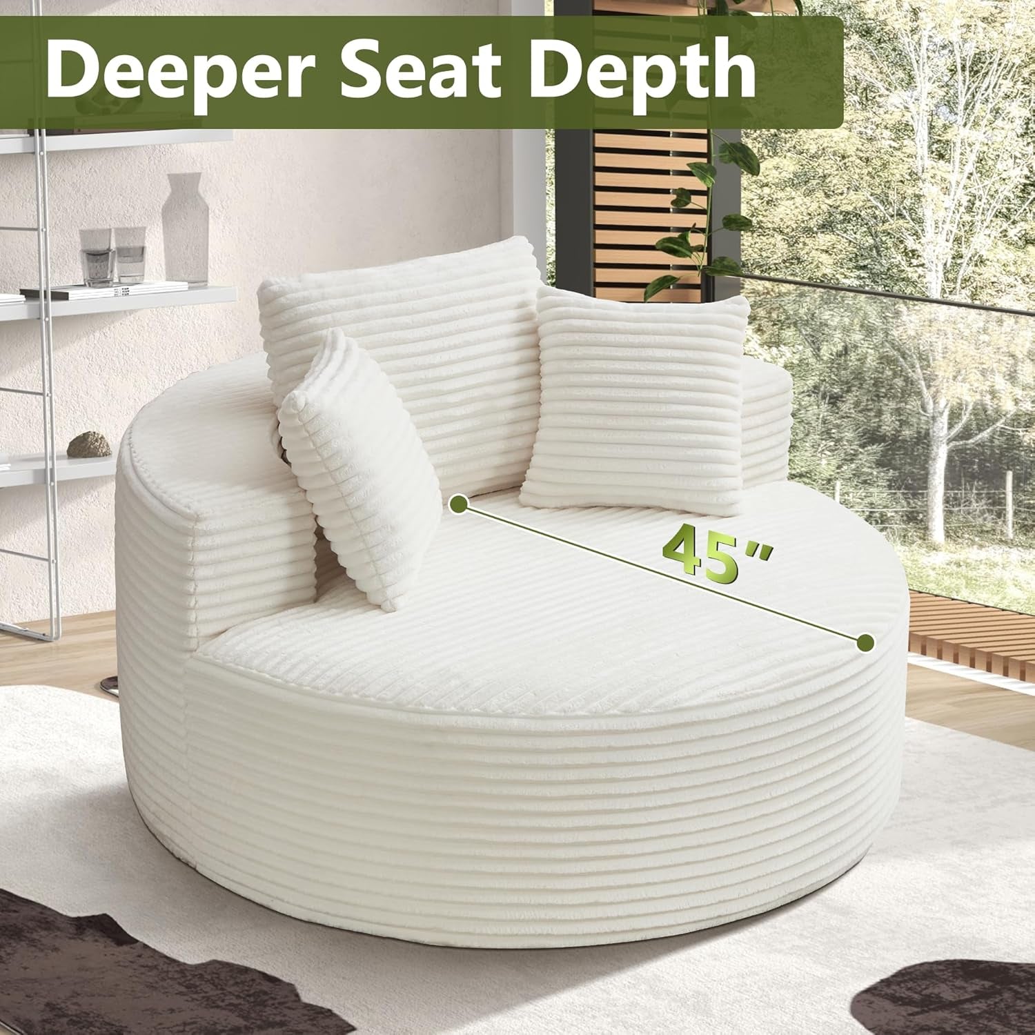 56''Oversized round Chair Lounge Chaise Indoor, Modern Upholstered Corduroy Cloud Circle Chair with Deep Seat, Comfy Fluffy Sleeper Sofa for Living Room Bedroom No Assembly Required (Beige)