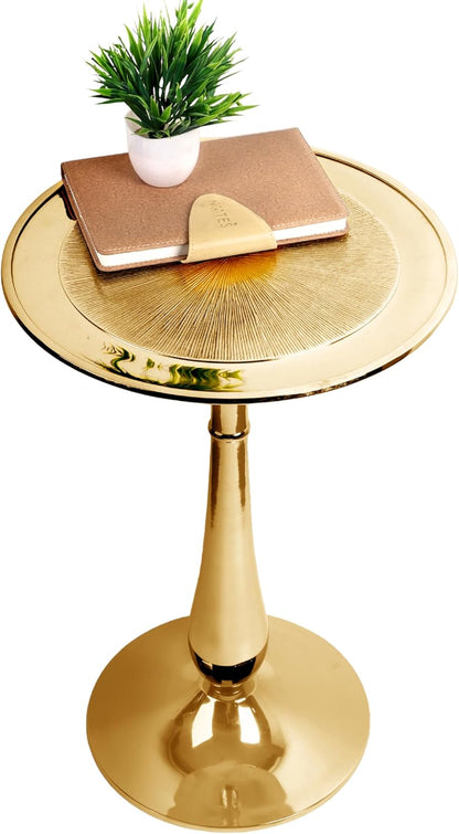 Gold round End Table – Modern Metal Accent Side Table with Embossed Top & Pedestal Base for Living Room, Bedroom, Entryway or Hallway, Electroplated Aluminum Design