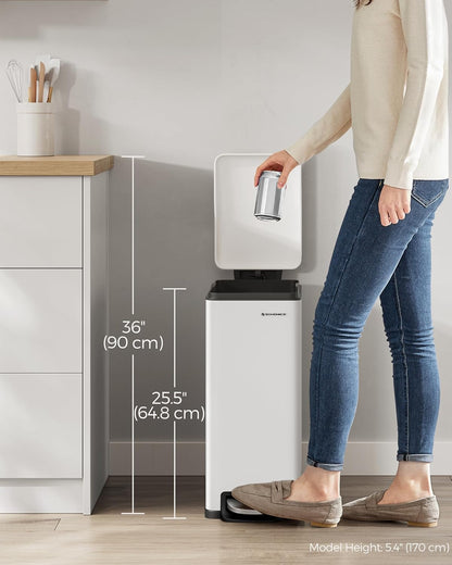 Slim Trash Can, 13-Gallon (50 L) Garbage Can for Narrow Spaces with Soft-Close Lid, Inner Bucket, and Step-On Pedal, Stainless Steel, 15 Trash Bags Included, White ULTB510W48
