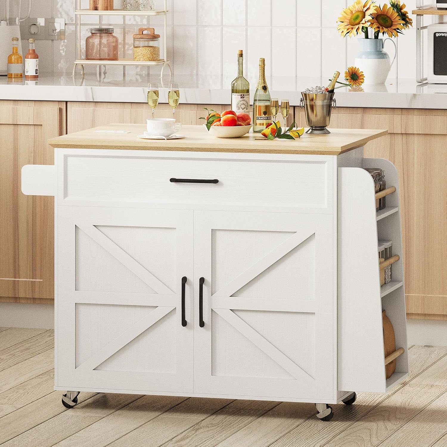 Kitchen Island Table with Storage, Rolling Kitchen Cart with Power Outlet, Storage Cabinets on Wheels with Drop Leaf, Portable for Dining Room, White